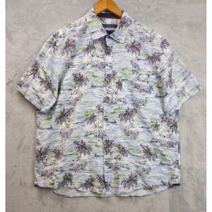 32 Bar Blues Linen Blend Button Up Shirt Mens XL  Blue Purple Tropical Palm Camp